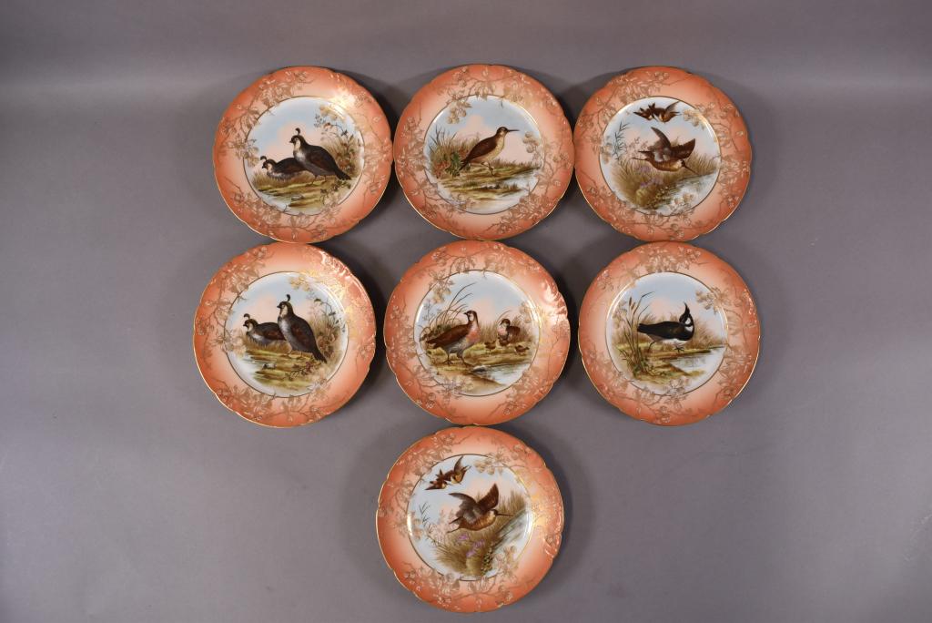 SET OF 7 LIMOGE BIRD PLATES: MARKED ON BACK C.F.H FRANCE, GOOD CONDITION. 8 1/4" DIAM
