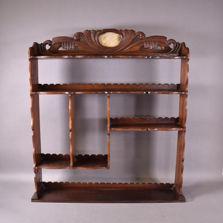 CHINESE HARDWOOD WALL SHELF WITH MARBLE INSERT: FINISH IN GOOD CONDITION. 29 1/2" x 33"