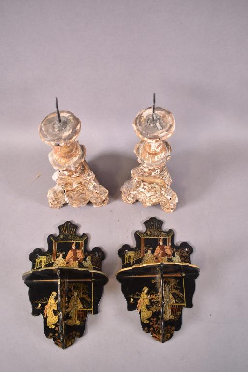 2 CHINESE FOLDING WALL SHELVES & 2 CANDLESTICKS: ONE CANDLESTICK HAS AGE CRACK AND APPEARS TO BE REPAIRED (19TH CENTURY ITALIAN CANDLE PRICKERTS)