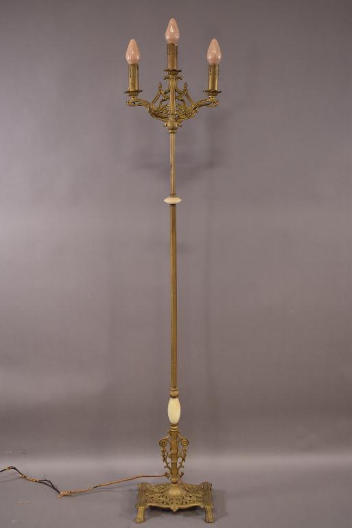 1920'S SPANISH STYLE 3 ARM FLOOR LAMP: FINISH IS GOOD, NEEDS REWIRED. 70" H