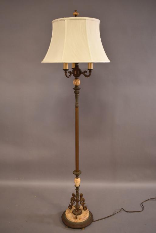 1930'S MARBLE AND IRON FLOOR LAMP: 3 LIGHT WITH GLASS AND SILK SHADE. GOOD CONDITION. FIGURAL BASE. 66" H