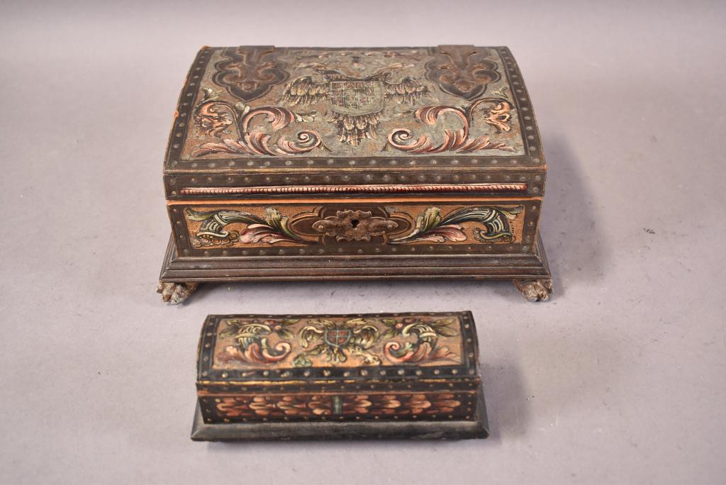 2 ANTIQUE SPANISH STYLE BOXES: 1 DRESSER BOX & 1 STAMP BOX. SOME LOSS TO PAINT. OVERALL GOOD CONDITION. 3 1/2" x 1" & 9" x 3 1/2"