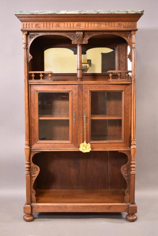 VICTORIAN MARBLE TOP CURIO CABINET: MIRRORED BACK, 2 DOOR LOWER WITH KEY. GOOD CONDITION. 31" x 15" x 53" ONE AGE CRACK TO RIGHT SIDE.
