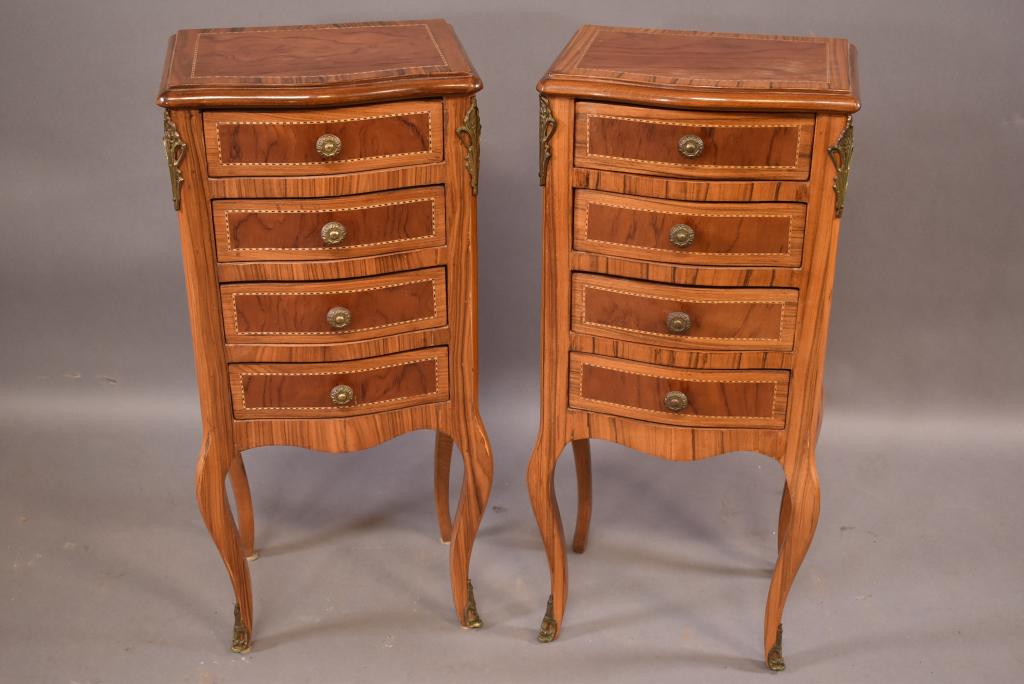 PAIR OF FRENCH INLAID 4 DRAWER NIGHTSTANDS: WITH BRONZE ORMOLU AND ORIGINAL HARDWARE, FINISH IN GOOD CONDITION. 14" x 11" x 30 1/2"