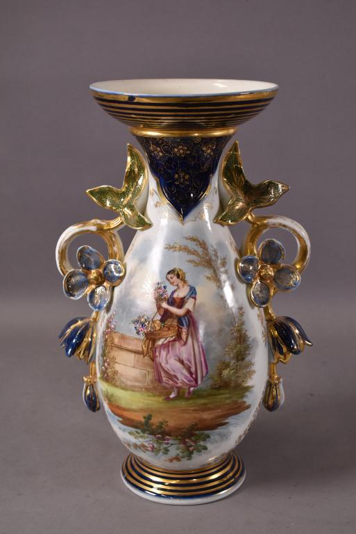 OLD PARIS STYLE PORCELAIN HAND PAINTED VASE: DOUBLE HANDLED HAND PAINTED VASE. SOME LOSS TO PAINT. UNSIGNED. NO CHIPS OR BREAKS. 16" H
