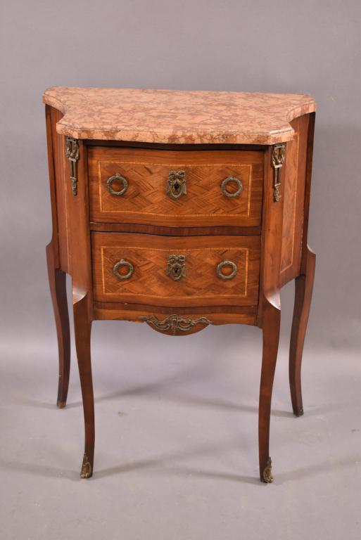 FRENCH STYLE 2 DRAWER MARBLE TOP NIGHTSTAND: INLAID FRONT AND SIDES WITH ORMOLU, FINISH AND MARBLE ARE IN GOOD CONDITION. NO KEY. 21" x 12" x 29"
