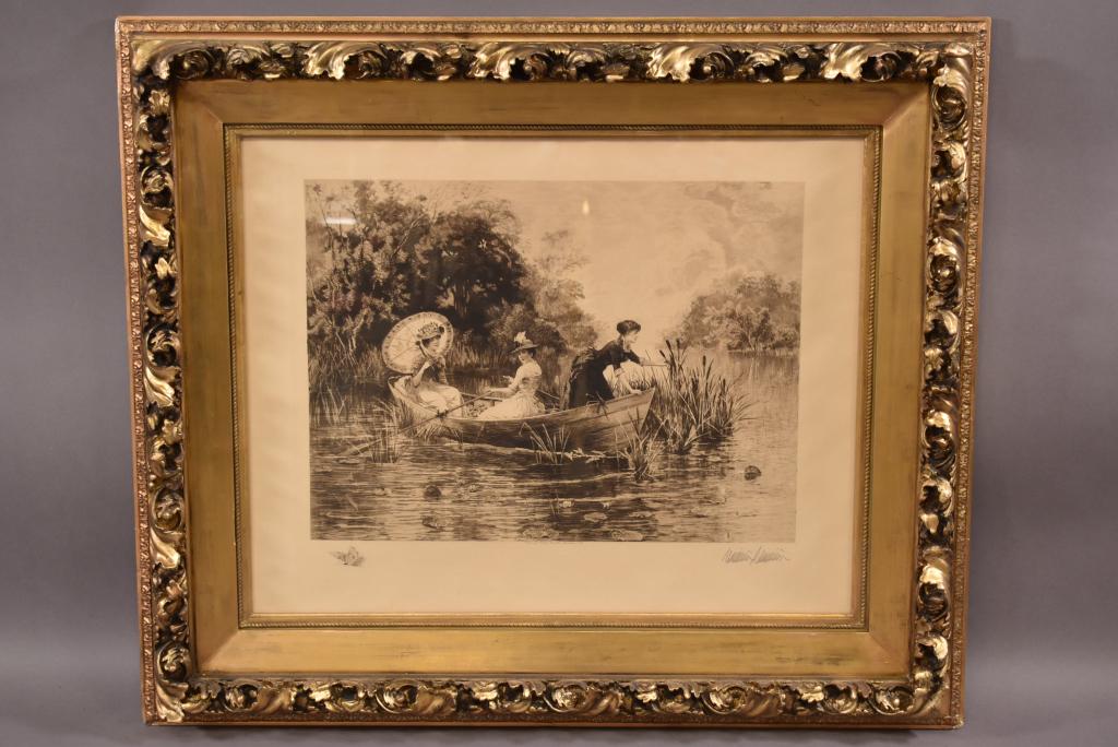 VICTORIAN LAKE SCENE ETCHING: COPYRIGHT 1887 BY HAMILTON AND HAMILTON SIGNED IN PENCIL L/R. VICTORIAN LADIES ON BOAT IN LAKE SCENE. CARVED GILT WOOD FRAME NDER GLASS 31" x 37" FRAME SIZE / 16" x 21" IMAGE SIZE