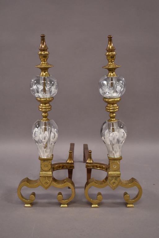 PAIR OF MURANO AND BRASS ANDIRONS: GOOD CONDITION. NO CHIPS TO GLASS 22" H