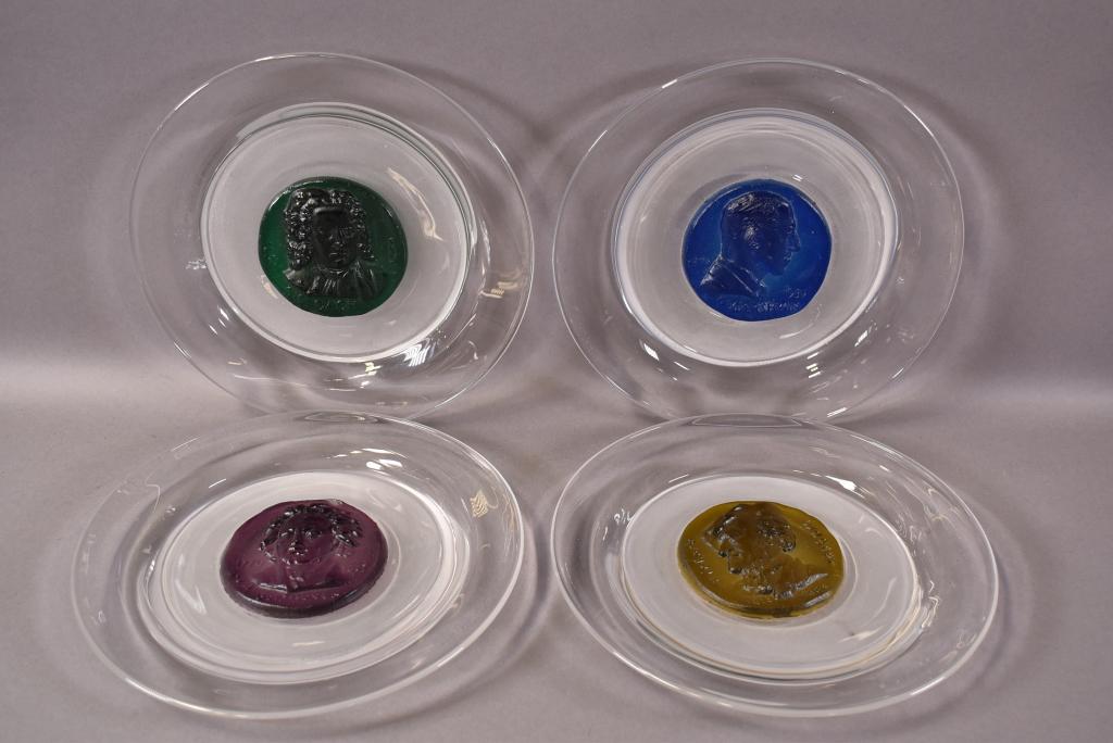 SET OF 4 DAUM PAT DE VERRE PLATES: BEETHOVEN #769 / 2000 SIGNED ON EDGE, BACH #627 / 2000 SIGNED ON EDGE, GERSHWIN #225 / 2000 SIGNED ON EDGE, WAGNER #435 / 2000 SIGNED ON EDGE. MARKED MADE IN FRANCE. GOOD CODITION. NO CHIPS OR BREAKS.