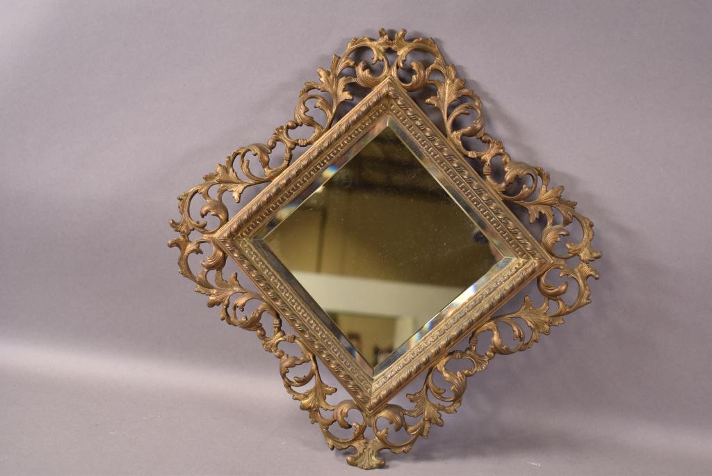 ANTIQUE GILT METAL BEVELED WALL MIRROR: GOOD CONDITION. 13" x 13"