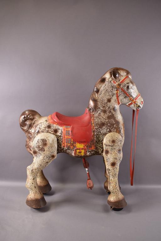 MOBO THE BRONCO HORSE METAL RIDING TOY: 27" LONG X 31" TALL. PAINT LOSS & RUST TO BODY