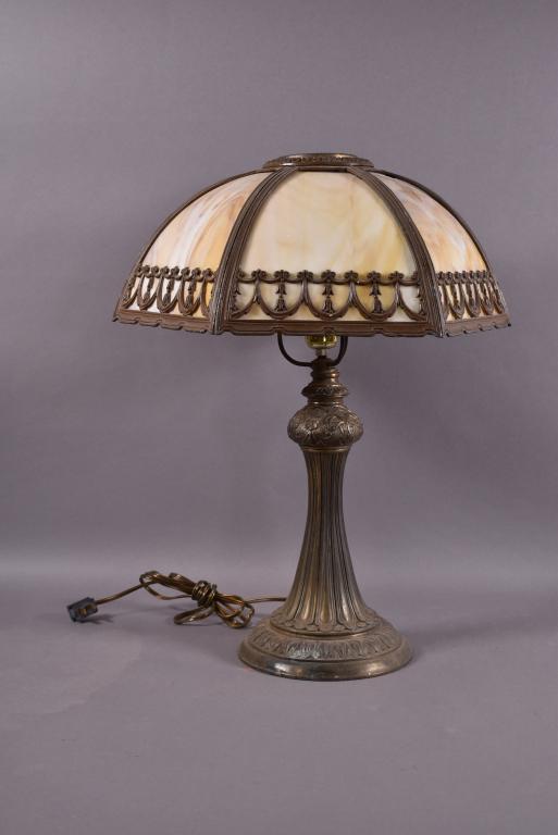 SLAG GLASS & FILIGREE SHADE TABLE LAMP (1 of 4)