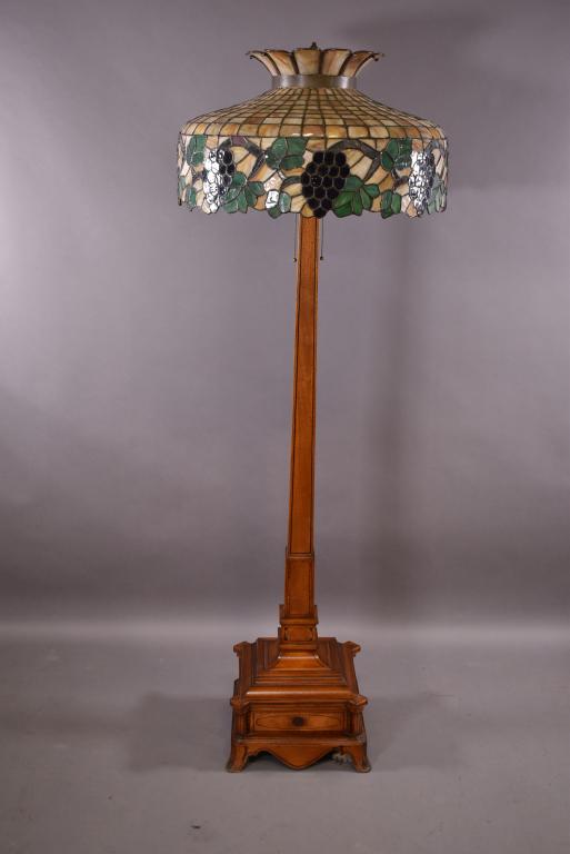 INLAID WOODEN FLOOR LAMP WITH LEADED GLASS SHADE (1 of 5)