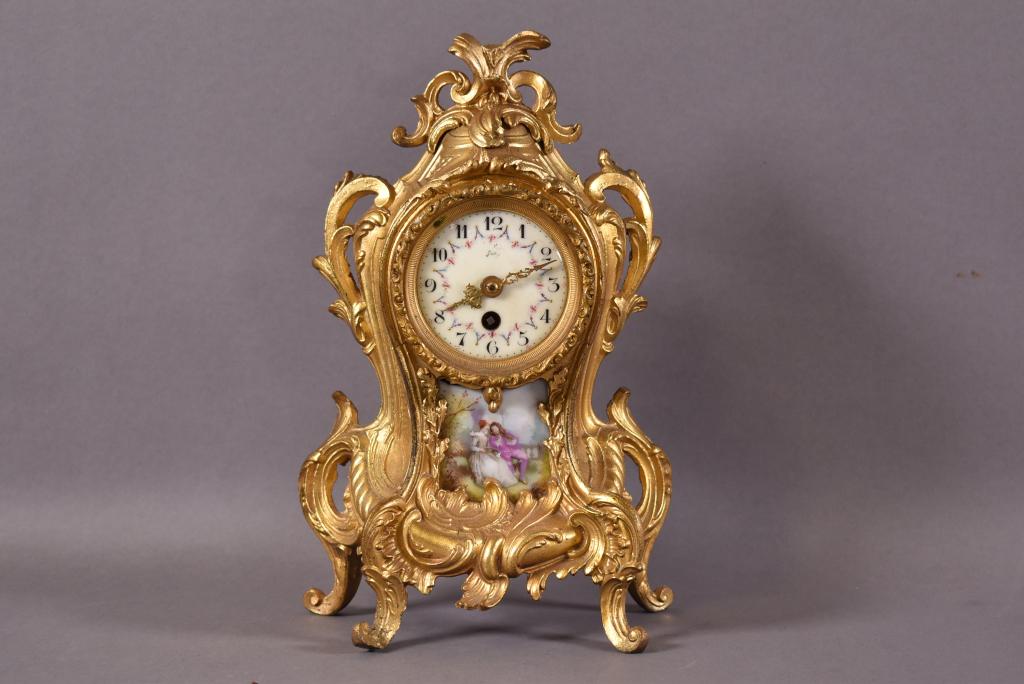 FRENCH GILT METAL MANTLE CLOCK (1 of 6)