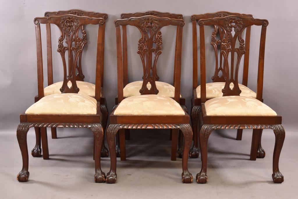 SET OF 6 1900'S CARVED MAHOGANY DINING CHAIRS: CHIPPENDALE STYLE BALL AND CLAW FOOT. CARVED BACK. UPHOLSTERY HAS SOME STAINING. MINOR FINISH LOSS. 20" x 19" x 41"