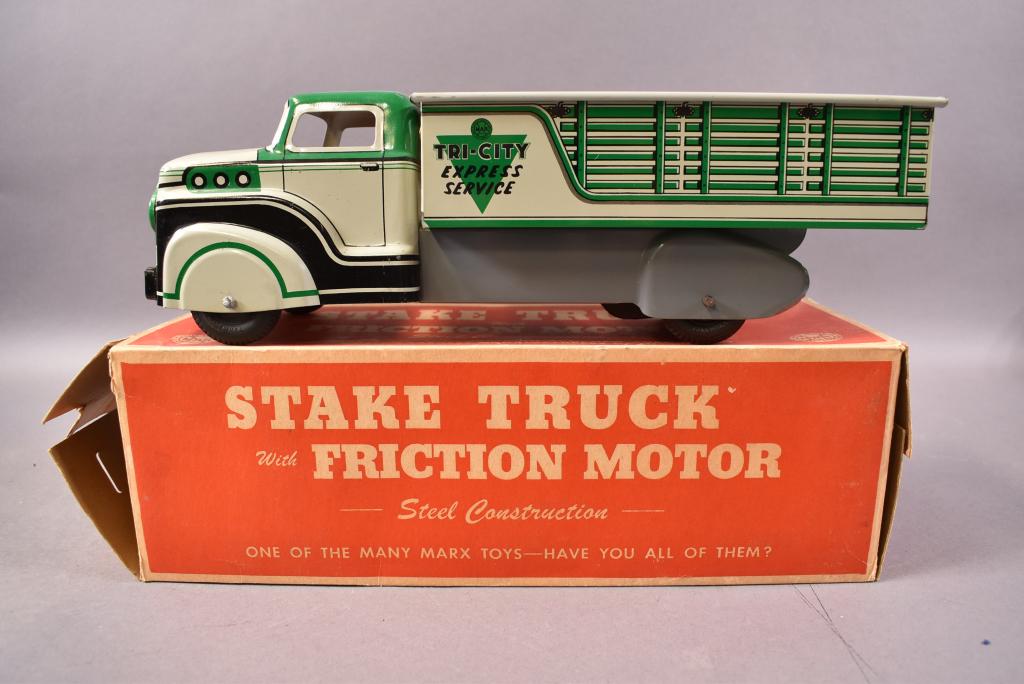 MARX TIN LITHO TRI-CITY STAKEBED TRUCK W/ BOX (1 of 4)