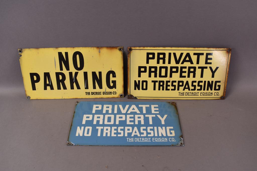 3-Porcelain No Parking/ Trespassing Signs: SSP sign all in good condition 7"x13", rated 8 to 9. Detroit Edison
