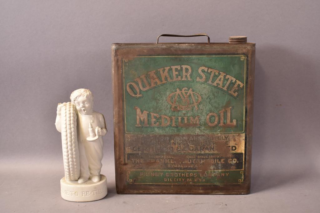 Fisk Coin Bank & Quaker State Can: Fisk bank is rubber and in good condition, Quaker State Motor Oil one gallon flat can has wear and rust,