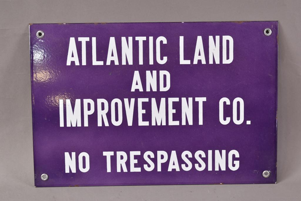 Atlantic Land No Trespassing Porcelain Sign: SSP sign has excellent color and gloss, 12"x18", rated 9
