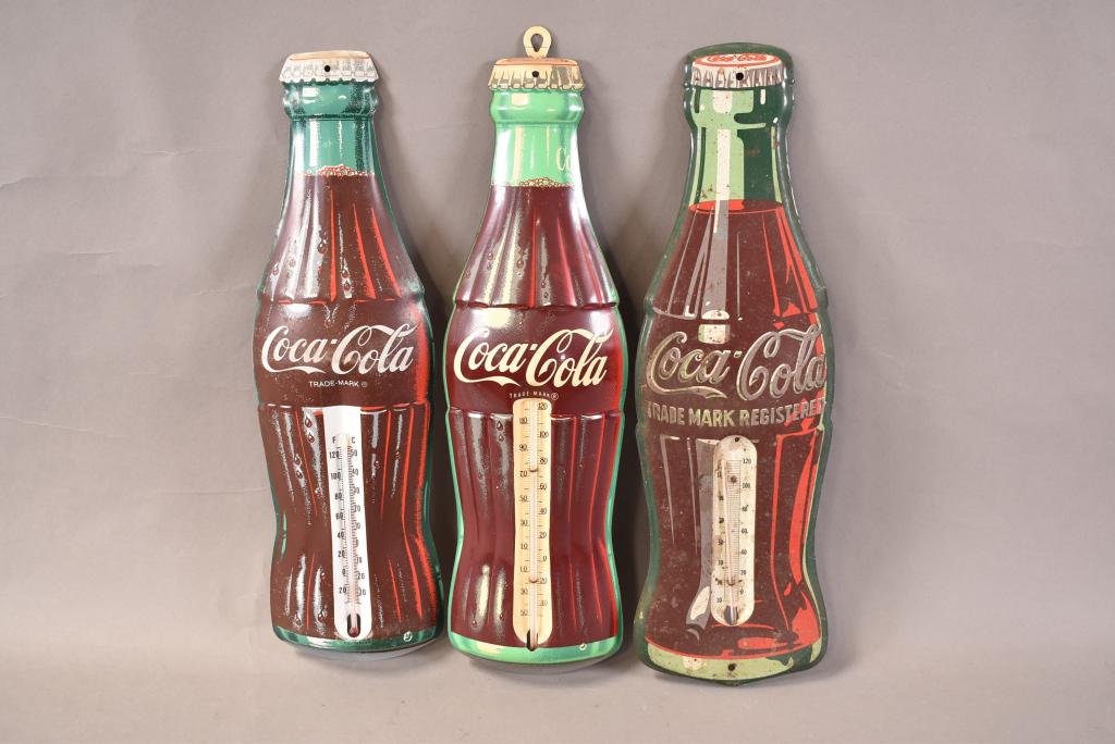 3-Coca-Cola Bottle Thermometers: Metal bottle shaped thermometers, tubes are all good, light wear and fine scratches, 16"x5", rated 7 to 8