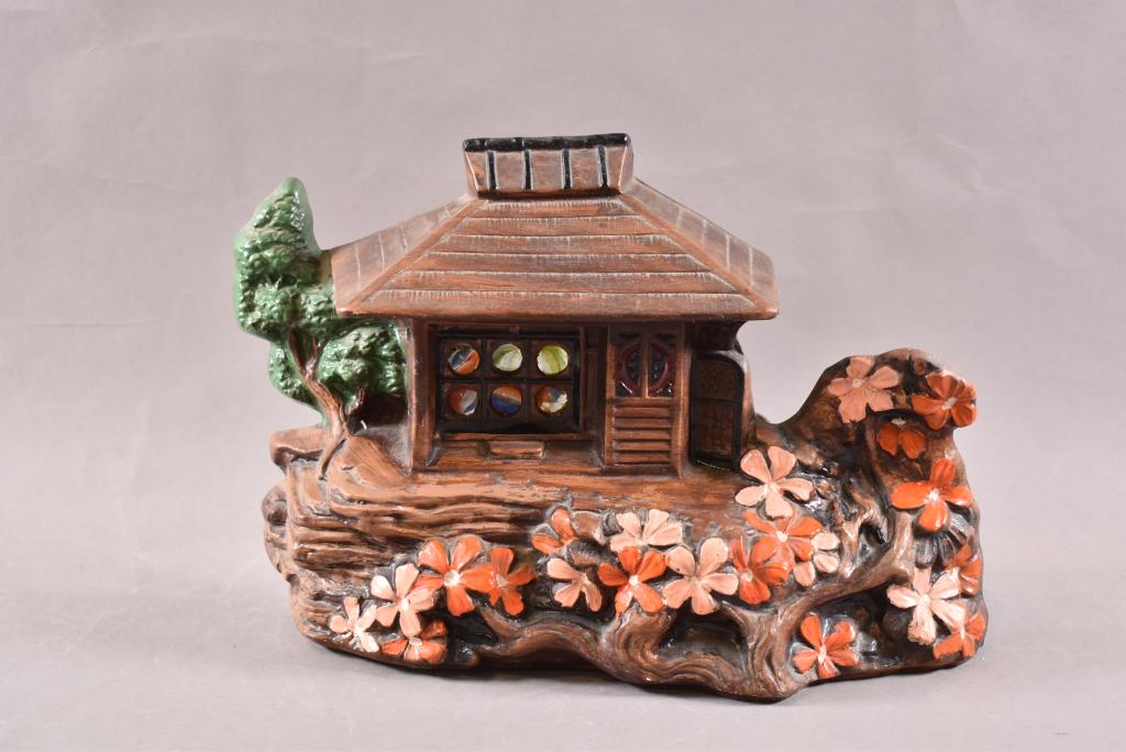 SPIRIT HOUSE TV LAMP: MULTI COLOR GLAZE WITH MARBLES IN WINDOWS. MARKED "LANE" DATED 1961. GOOD CONDITION. WORKING. 14" L