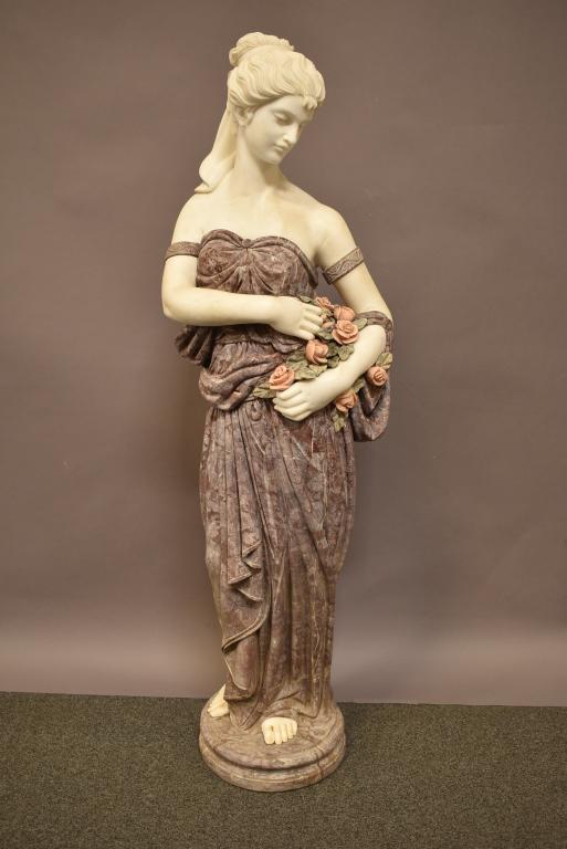 LIFE SIZE MARBLE LADY STATUE WITH FLOWERS: 66" H. MINOR CHIPS AND REPAIR TO FLOWERS. VERY HEAVY!!! NO IN HOUSE SHIPPING!!!