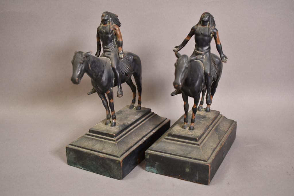 PAIR OF END OF THE TRAIL BOOKENDS: WEAR TO BLACK PAINT ON BOTH BOOKENDS. CAST METAL BOOKENDS. 7 1/2" H