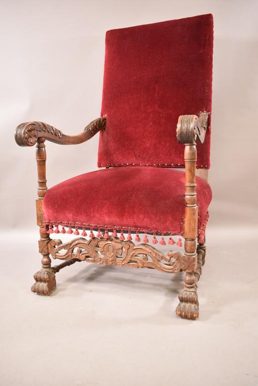 1920'S HIGHLY CARVED RED VELVET HALL ARM CHAIR (1 of 3)