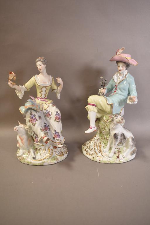 PAIR ANTIQUE FRENCH SEVRES STYLE PORCELAIN FIGURES: CROSSED ARROW MARK ON BACK OF EACH. LEAF ON HAT OF GENTLEMAN HAS BEEN REPAIRED. 10 1/2" TALL