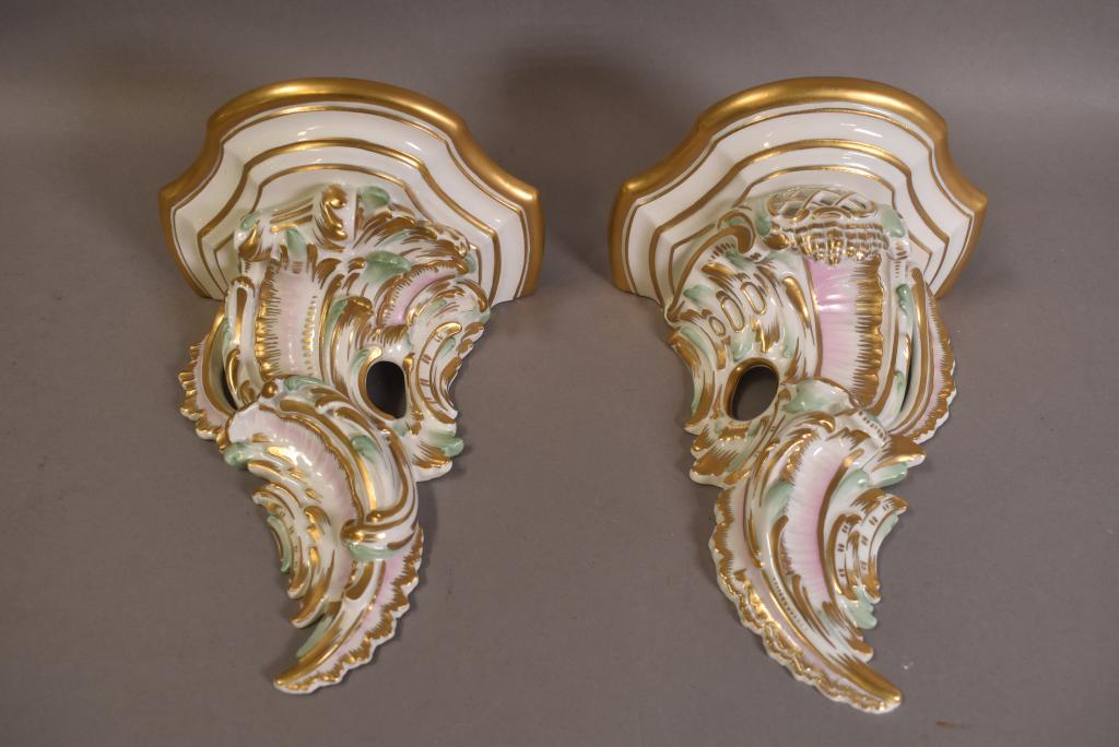 PAIR KPM PORCELAIN WALL SHELVES: BLUE INK STAMP ON BACK. MARKED 42N. 7 1/2" TALL