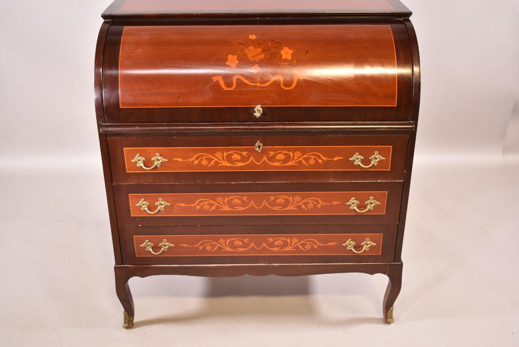 INLAID CYLINDER ROLL DESK: 3 DRAWER DESK WITH CYLINDER ROLL TOP, LADY'S WRITING DESK WITH 3 INTERIOR DRAWERS. ALSO WITH 3 LOWER DRAWERS. NO KEY. HAS SCRATCHES TO SURFACE ON TOP AND LEGS. 36" x 19" x 39"