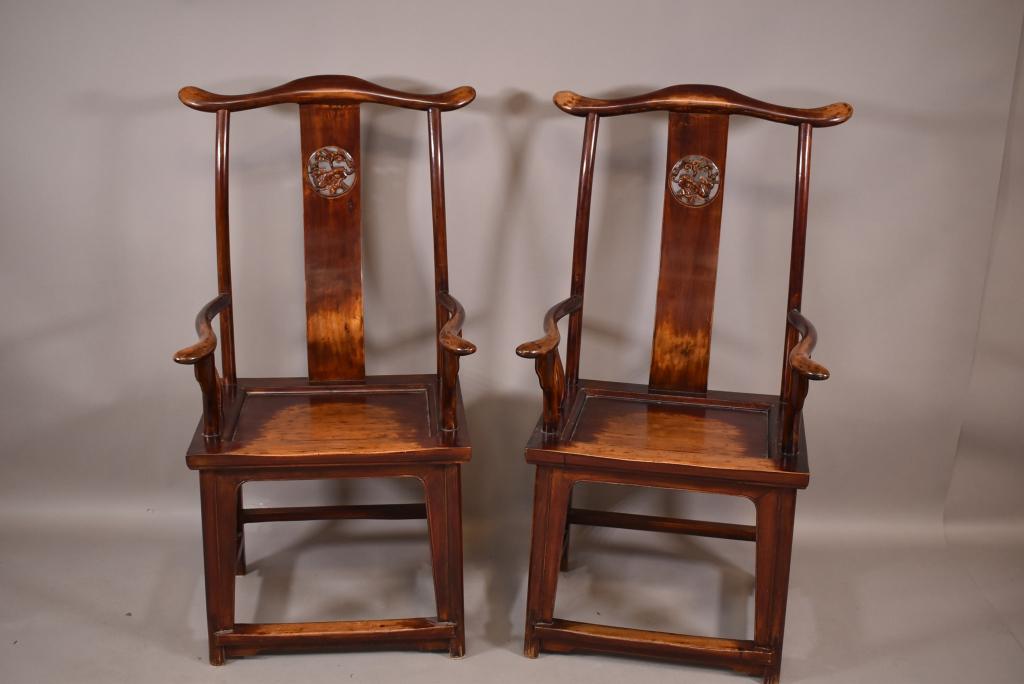 PAIR OF CHINESE HARDWOOD YOKE BACK CHAIRS (1 of 7)