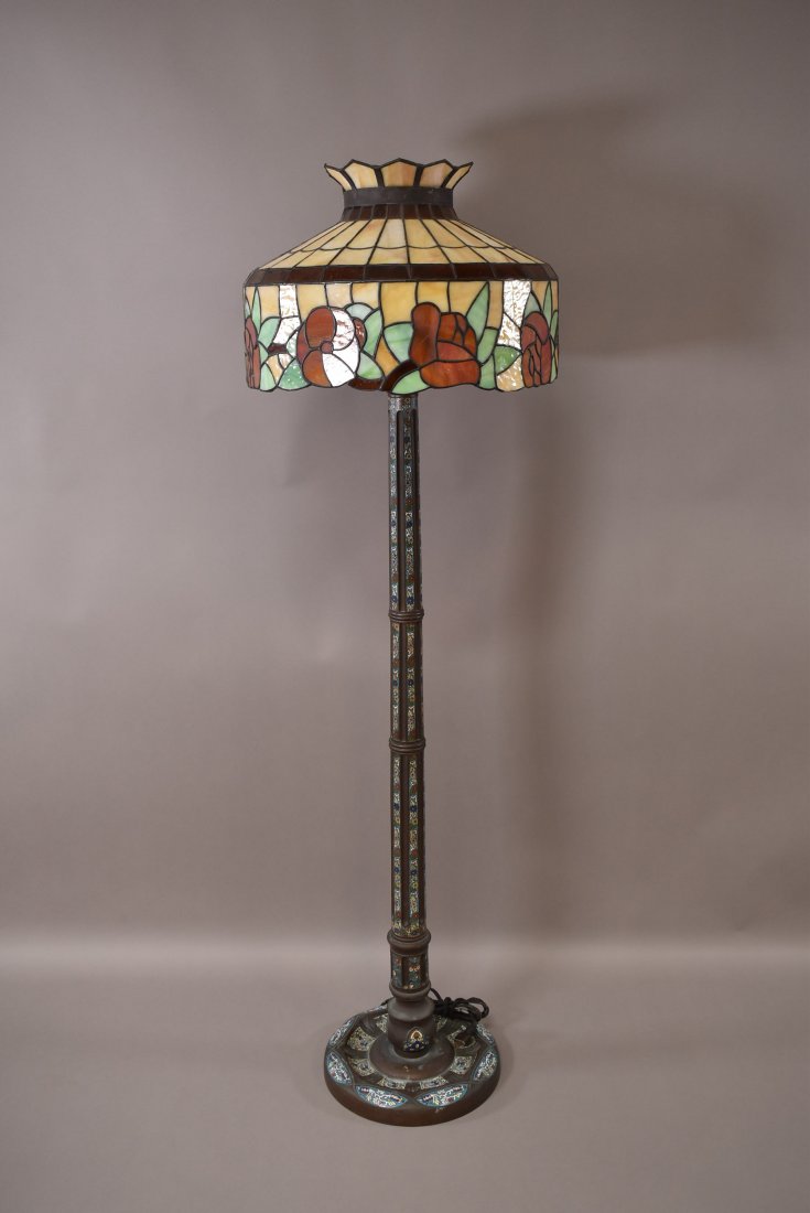 CHAMPLEVE FLOOR LAMP W/ LEADED GLASS SHADE (1 of 5)