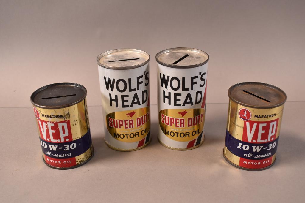 4 SMALL OIL CAN BANKS (1 of 2)