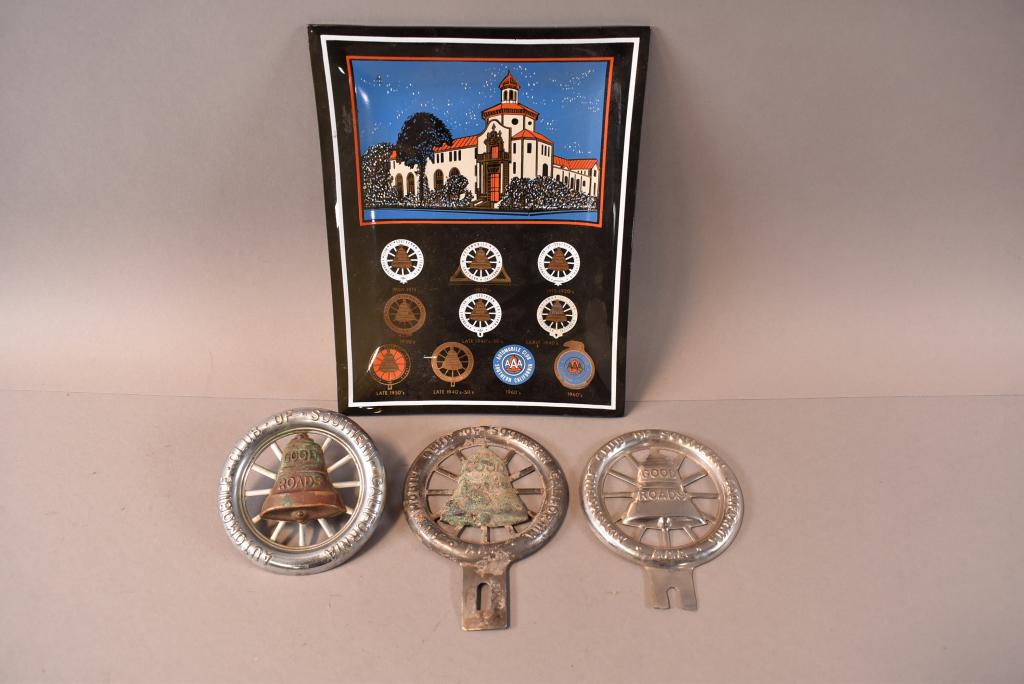 3 CALIFORNIA AUTO CLUB TOPPERS & ASHTRAY: TOPPERS ARE WORN. ASHTRAY IS 9" x 7"
