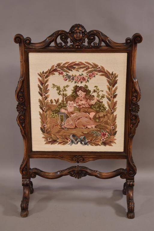 HIGHLY CARVED FRENCH NEEDLEPOINT FIRESCREEN (1 of 5)