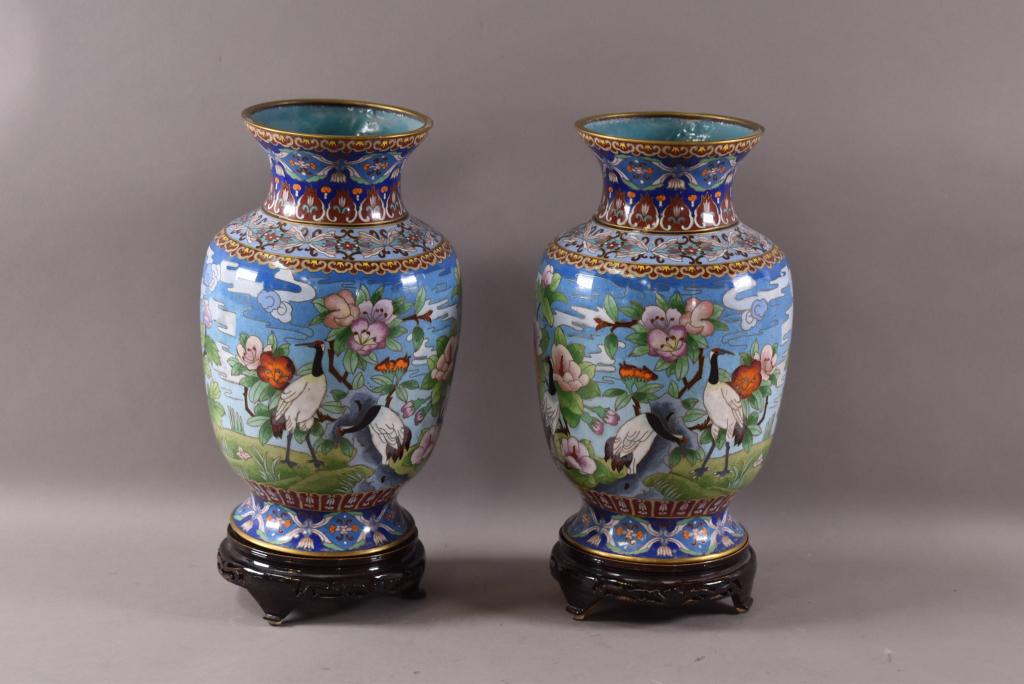 PAIR OF CLOISONNE BIRD DECORATED VASES (1 of 2)