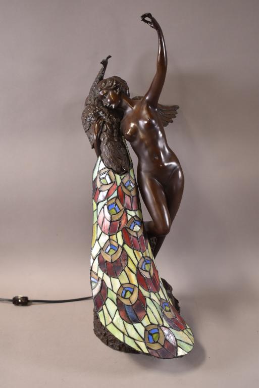 LADY WITH PEACOCK LEADED GLASS BRONZE LAMP (1 of 3)