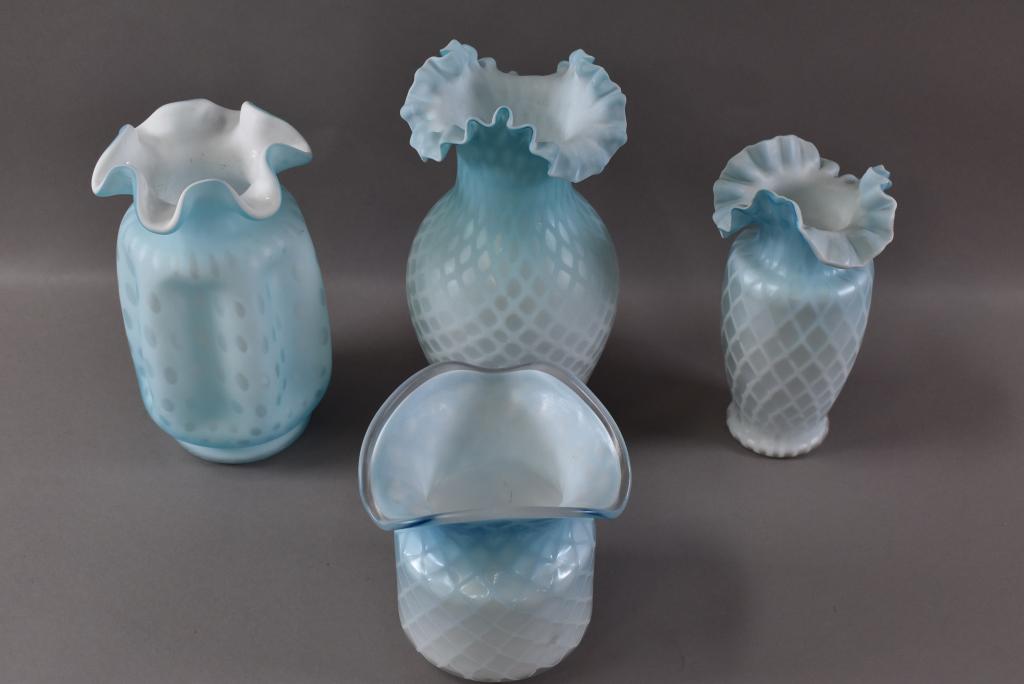 4 BLUE SATIN GLASS VASES (1 of 5)