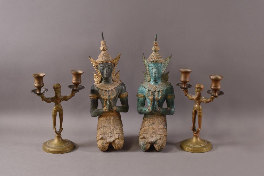 PAIR OF BRASS CANDLESTICKS & PAIR OF IRON FIGURES (1 of 5)
