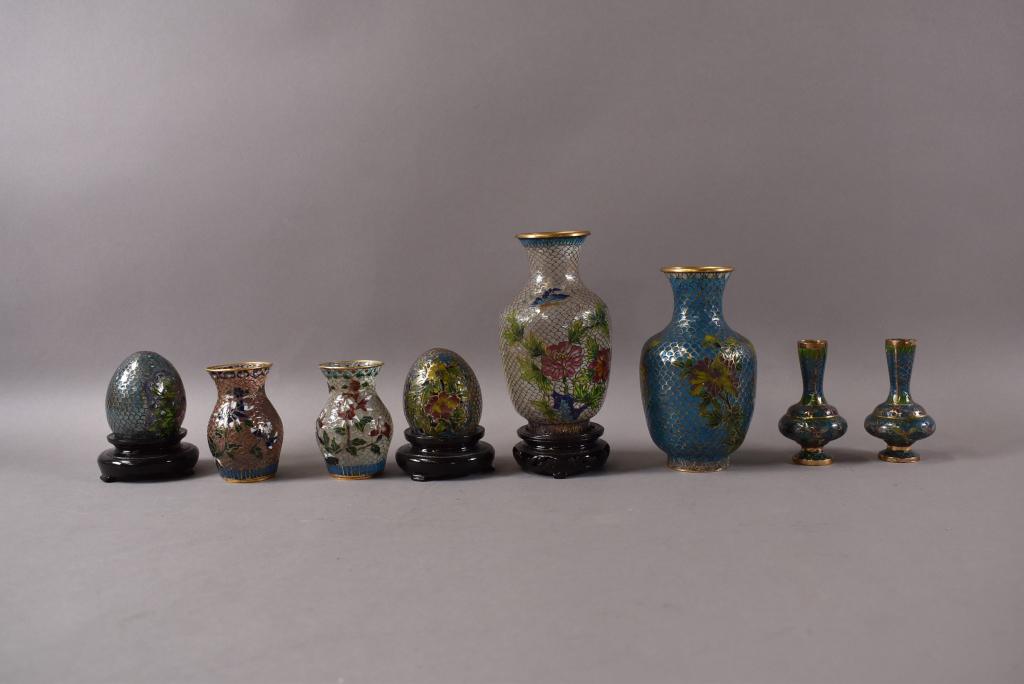 LOT OF PLIQUE-A-JOUR ITEMS: 6 VASES & 2 EGGS ON STANDS. ALL IN GOOD CONDITION. 3" - 5" H