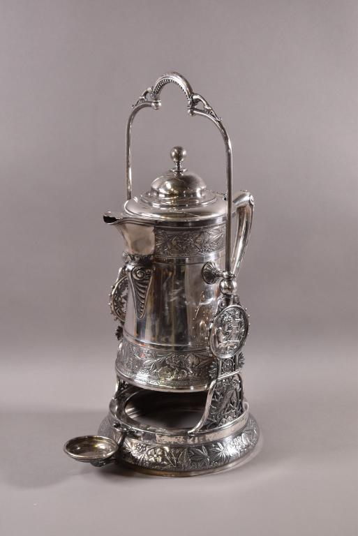VICTORIAN SILVER PLATE TIPPING KETTLE (1 of 4)