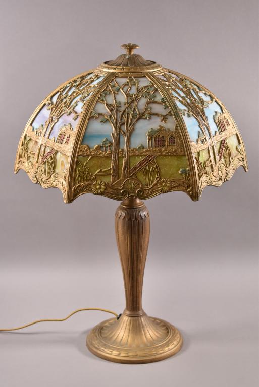 1920'S 6 PANEL SLAG GLASS LAMP (1 of 5)