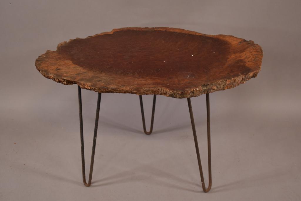 LIVE EDGE TABLE: FINISH IS SLIGHTLY WORN AND RUSTING TO LEGS. 28": x 17". THIS ITEM EXCEEDS SIZE LIMITATIONS FOR IN HOUSE SHIPPING.