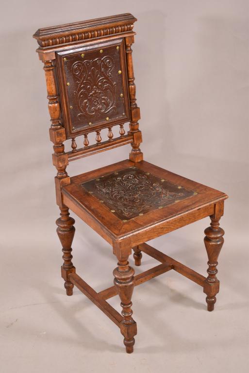 1900'S CARVED SIDE CHAIR WITH LEATHER SEAT & BACK (1 of 4)