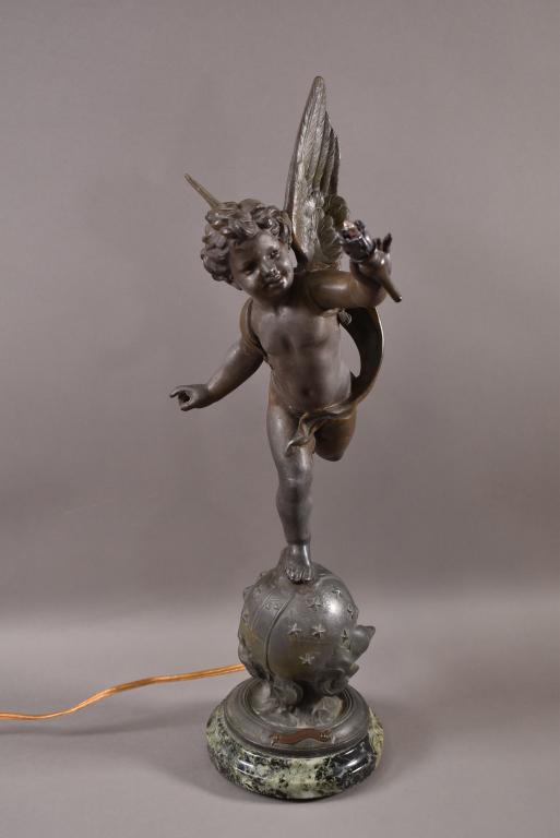 1900'S CHERUB FLICKER LAMP ON MARBLE BASE (1 of 4)