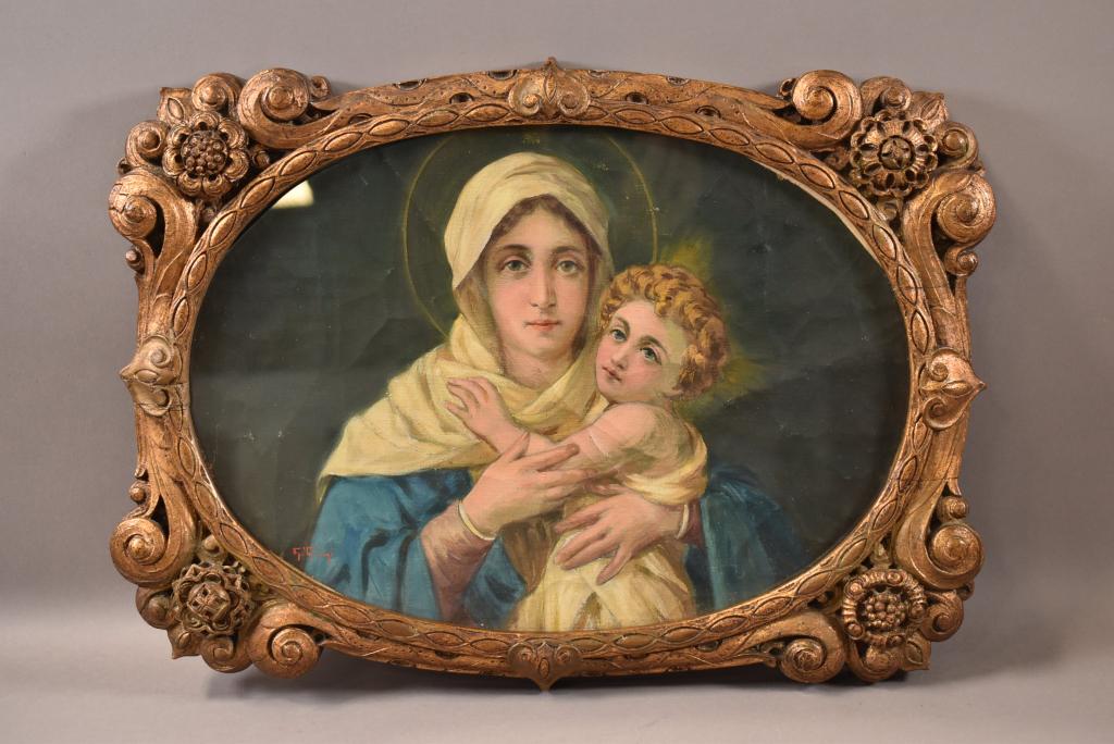 ANTIQUE MADONNA & CHILD OIL PAINTING (1 of 5)