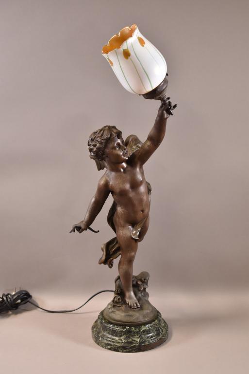 SPELTER CUPID LAMP W/ ART GLASS SHADE (1 of 9)