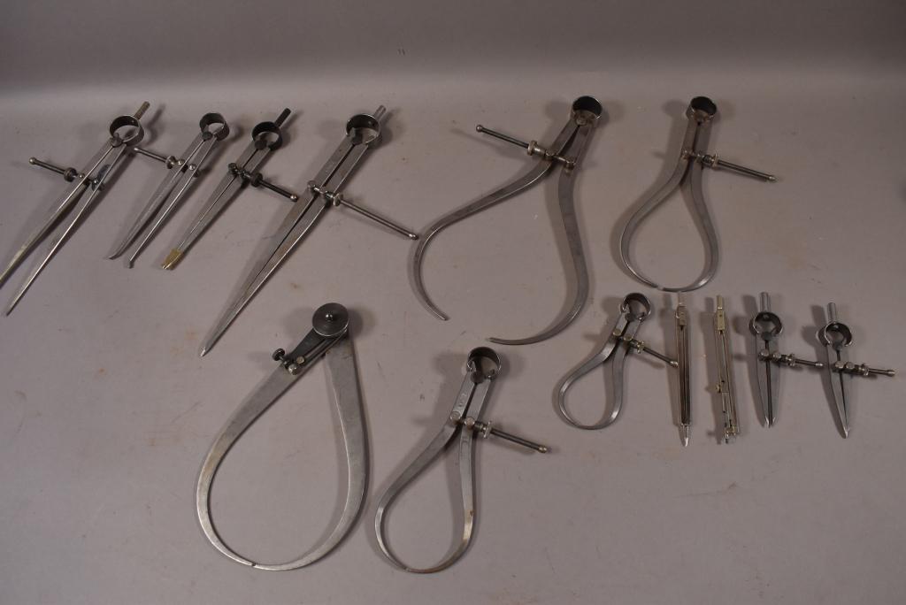 7 COMPASS & 5 CALIPERS: INCLUDING LUTZ, LUFKIN, UNION, DIETZGEN. ORIGINAL AS FOUND CONDITION. UNKNOWN IF COMPLETE.