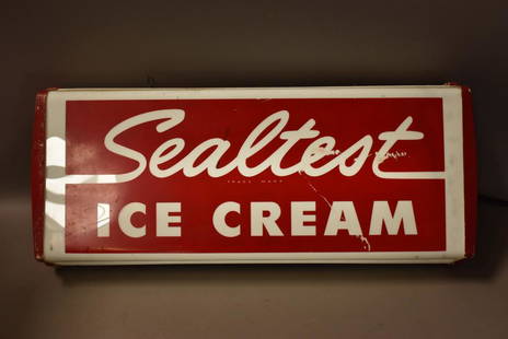 SEALTEST ICE CREAM LIGHT UP DISPLAY: PLASTIC WITH METAL CASE. SINGLE SIDED. PAINT LOSS AND WEAR. WORKING. 25" x 9"